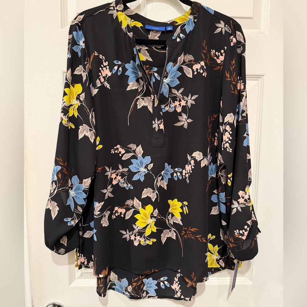 Apt. 9 Black Blouse with Blue and Yellow Floral Design